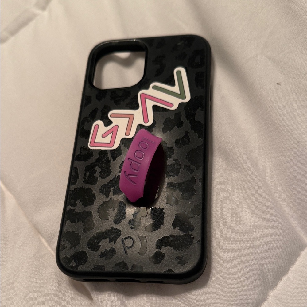 iPhone 12 Loopy Case Black Leopard with Purple Loop